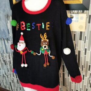 Holiday Time Reindeer and Santa Christmas Ugly Sweater Pom Poms Size 3x 0458